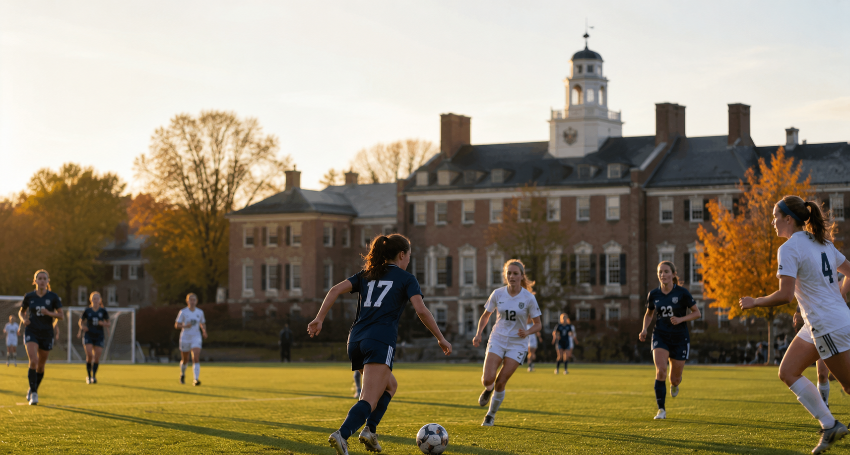Students playing soccer on a boarding school campus at golden hour